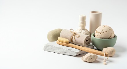 Spa still life featuring bath brush, herbal compress, bath bomb, loofah, pumice stone and ceramic containers