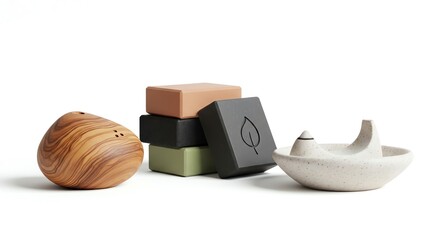 Minimalist spa and wellness still life featuring wooden aroma diffuser, soap bars and ceramic incense holder