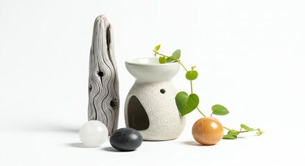 Aromatherapy oil burner with natural elements for relaxation and wellness in a calm zenlike spa setting