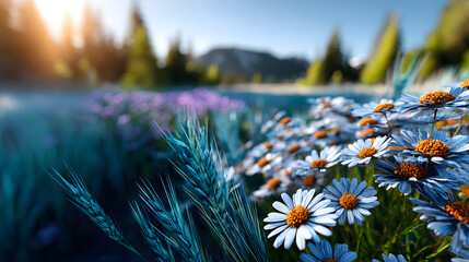Wildflower meadow blue daisy alpine field morning light mountain landscape meadow grass nature summer bloom serenity