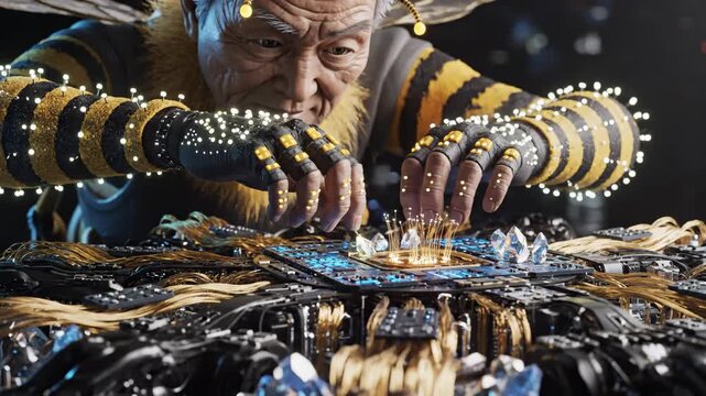 Elderly man wearing a futuristic cyber bee suit with glowing lights and antennae meticulously working on a complex circuit board, generating sparks and radiating light