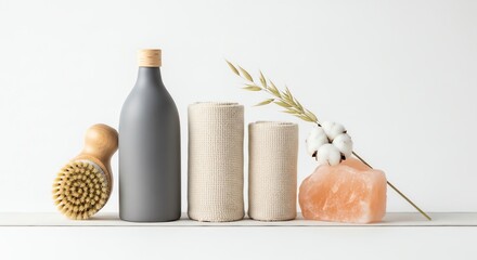 Spa and wellness composition with body brush, bottle, towels, himalayan salt, and cotton flower