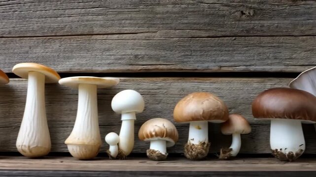 Mushrooms arranged on wooden surface show various types and colors in natural light for mushroom lovers and culinary enthusiasts
