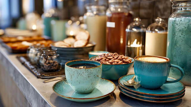 A breakfast buffet with coffee, beans, bread, and drinks, creating an inviting and delicious spread for the morning meal or brunch.
