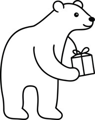 Adorable cartoon polar bear holding a gift box with a bow, black and white line art