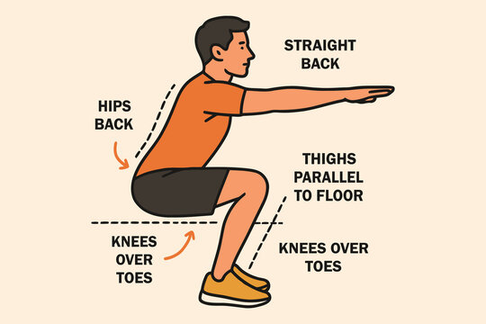 Illustration of proper squat form with labeled body mechanics and instructions