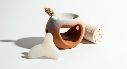 Spa still life featuring aroma diffuser, gua sha, and rolled towel, promoting relaxation and wellness in studio setting