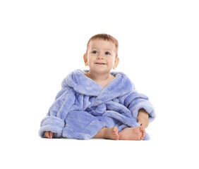 Cute baby in bathrobe on white background