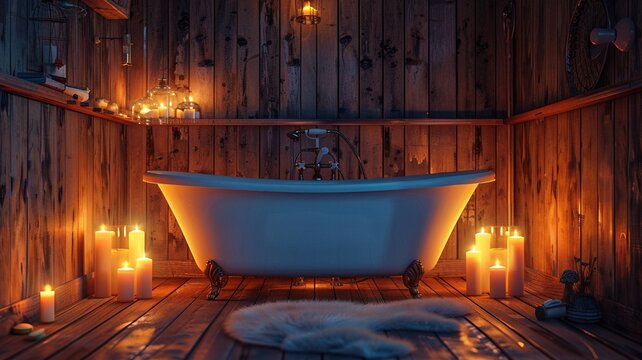 Cozy rustic bathroom with freestanding bathtub surrounded by glowing candles and wooden walls. Warm relaxing atmosphere perfect for spa, wellness, or home interior themes. - Powered by Adobe