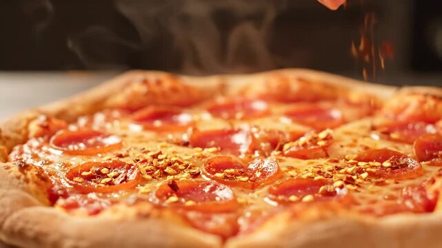 Hand sprinkling red pepper flakes on a steaming hot pepperoni pizza with melted cheese
