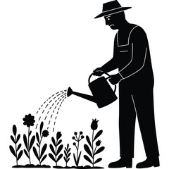 Silhouette of a gardener watering flowers with a can. black and white illustration vector gardening