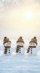 A Christmas or New Year's card with snowmen standing under falling snow and a place for the text	
