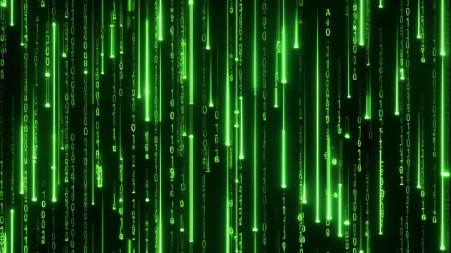 Seamless loop animation of green glowing matrix rain streaming downward in vertical data lines with futuristic abstract technology background