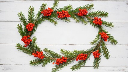 Christmas frame with fir branches and red berries	
