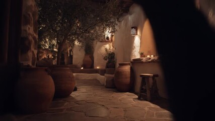 A dimly lit stone corridor features earthenware, arches, candles, trees, and soft lighting - Powered by Adobe