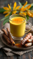 Golden milk turmeric latte glass cup cinnamon stick fresh turmeric spice warm drink rustic table cozy mood healthy beverage