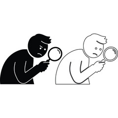 Stick figures with magnifying glass, search concept investigation cartoon detective find look inspect examine