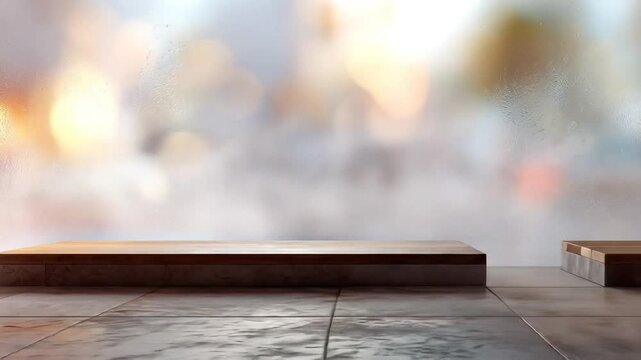 A product display setup featuring a wooden platform on a tiled floor with a blurry backdrop