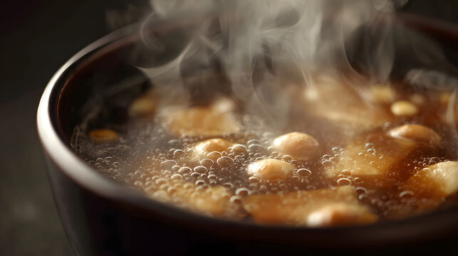 Bubbling miso soup steam tofu seaweed dashi umami broth bowl comfort food hot