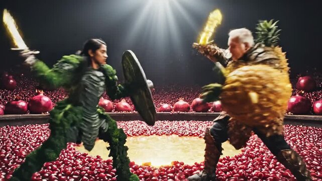 Two warriors, one dressed as a pineapple and the other as a pomegranate, engaging in a fantastical battle wielding a glowing sword and shield in a vibrant arena filled with pomegranate arils