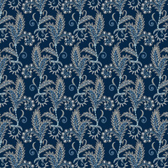 “Vintage Botanical Floral Seamless Pattern in Blue and Gold” seamless damask pattern.
