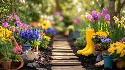 Plexiglas schilderij Zorgcentrum Vibrant garden path with blooming flowers and gardening tools tulips daffodils  © raseldesigner93