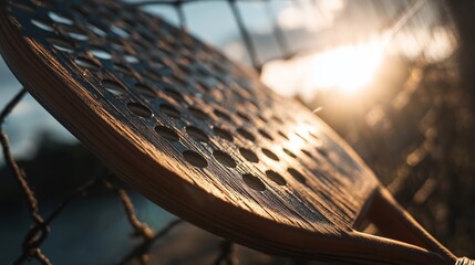 Wooden paddle rests against net during sunset by the water