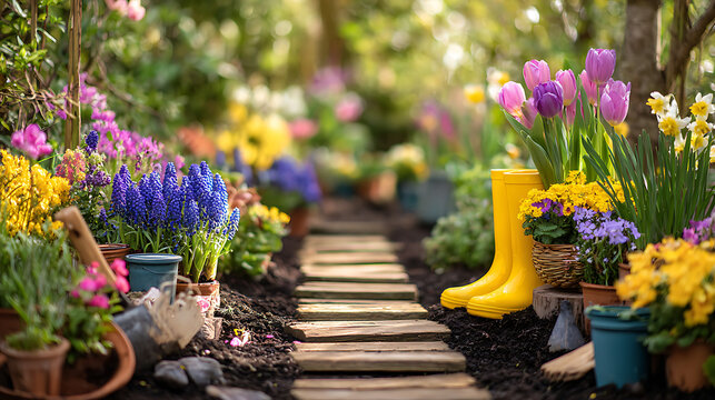 Vibrant garden path with blooming flowers and gardening tools tulips daffodils - Powered by Adobe