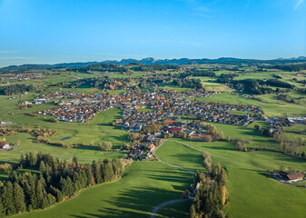 Aerial photo  of the city of Weiler-Simmerberg, district Weiler in the western Allgaeu in Bavaria, Germany