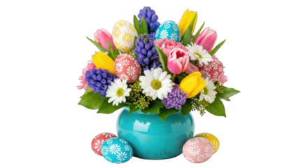 Vibrant easter flower arrangement with painted eggs for spring celebration