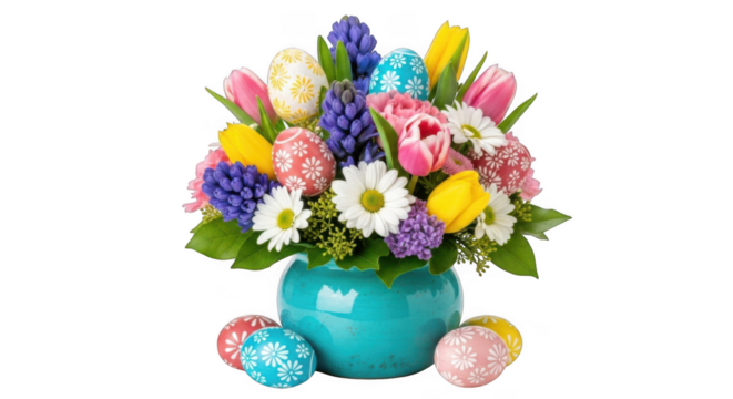 Vibrant easter flower arrangement with painted eggs for spring celebration