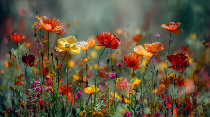 Obraz premium Vibrant painterly field of poppies and wildflowers in bloom colorful orange
