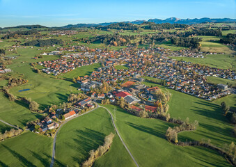 Aerial photo  of the city of Weiler-Simmerberg, district Weiler in the western Allgaeu in Bavaria, Germany