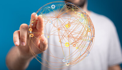Hand touching a digital sphere representing global connection, network, and communication. Symbol of technology, innovation, and inte