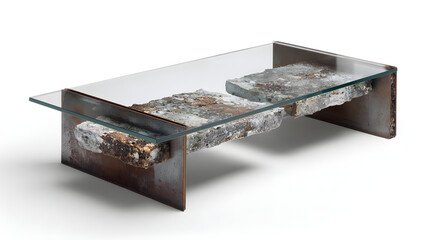 Minimalist coffee table with glass top recycled metal stone base modern style industrial unique design elegant living room