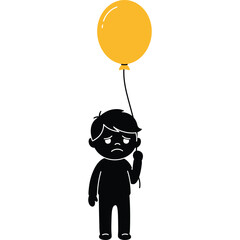 Sad boy holding a yellow balloon illustration cartoon lonely disappointed unhappy child kid isolated black white