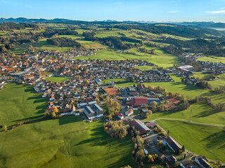 Aerial photo  of the city of Weiler-Simmerberg, district Weiler in the western Allgaeu in Bavaria, Germany