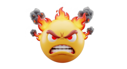 Furious emoji on fire expressing intense anger and frustration with smoke and flames