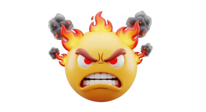 Furious emoji on fire expressing intense anger and frustration with smoke and flames