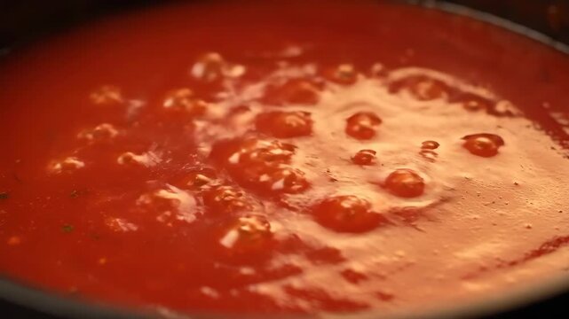 Red tomato sauce simmering and bubbling in a pot, showcasing a delicious cooking process
