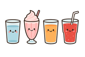 Cute row of four beverage glasses with water, pink milkshake, orange juice, and red smoothie