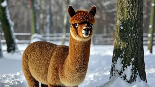 Cute llama roams snow-covered forest in winter wonderland showcasing beautiful fur and playful demeanor