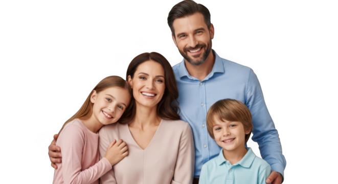 Happy family portrait parents and two children smiling together joyfully