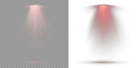 Reflections add depth to spotlight scenes on floor. Stage spotlights emit strong white directional light beams. Light Effects. Concert lighting set includes soft beams. Transparent background. Scene.