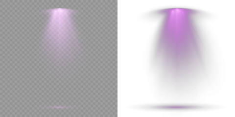 Vector Spotlights. Scene. Stage lighting creates dramatic beams in concert visuals. Transparent background. Stage spotlights emit strong white directional light beams. Projection studio lights beam.