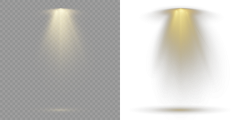 Overlay effects simulate professional studio illumination. Stage spotlights emit strong white directional light beams. Transparent allows seamless web or poster use. Light Effects. Row of spotlights.