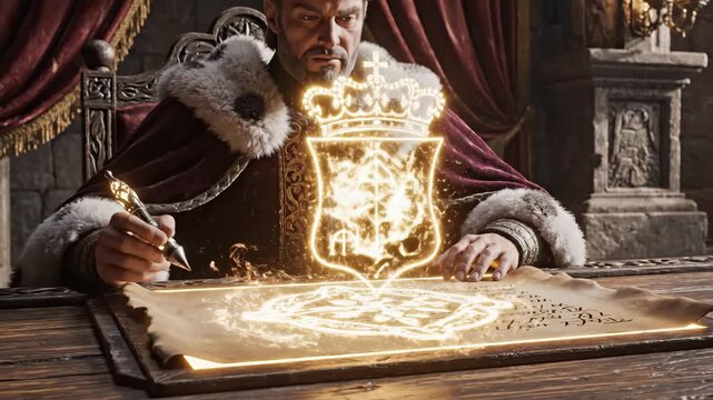 Medieval king wearing a crown and fur-trimmed robe, sitting at a wooden desk and diligently writing on an old parchment scroll with a gilded quill, enacting law or creating a document