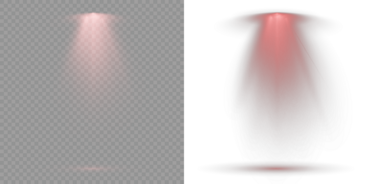 Reflections add depth to spotlight scenes on floor. Stage spotlights emit strong white directional light beams. Light Effects. Concert lighting set includes soft beams. Transparent background. Scene.