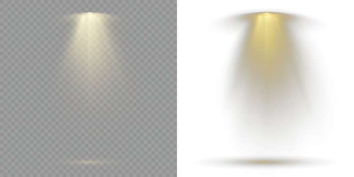 Overlay effects simulate professional studio illumination. Stage spotlights emit strong white directional light beams. Transparent allows seamless web or poster use. Light Effects. Row of spotlights.