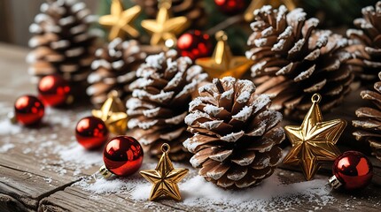 A professional high-resolution macro photography of rustic pinecones delicately dusted with artificial snow, surrounded by clusters of small shiny red baubles and intricate golden stars.